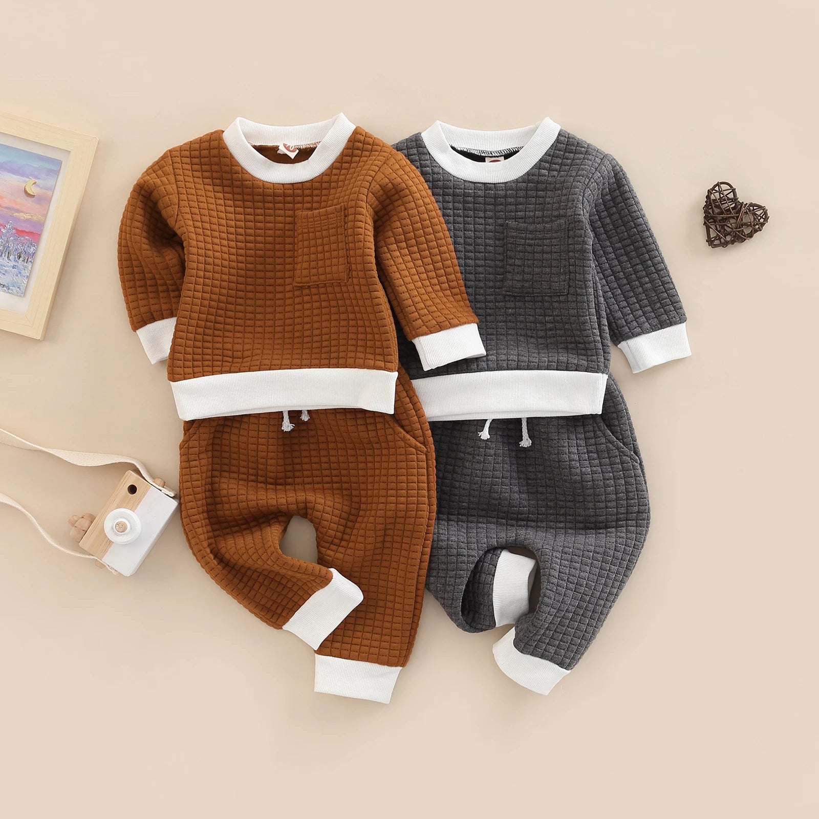 Baby 2 piece set Baby Outfit Unisex Boys or Girls Plaid Long Sleeve Round Neck Tops Ms. Leah's Place